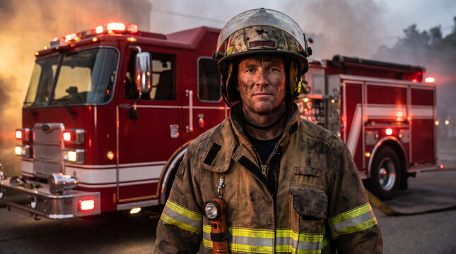 Brave male firefighter wearing heavy protective gear and a dirty yellow helmet standing confidently in front of a bright red modern fire engine under dramatic lighting.