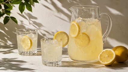 Fototapeta premium Commercial lemonade pitcher and glasses with strong summer shadows