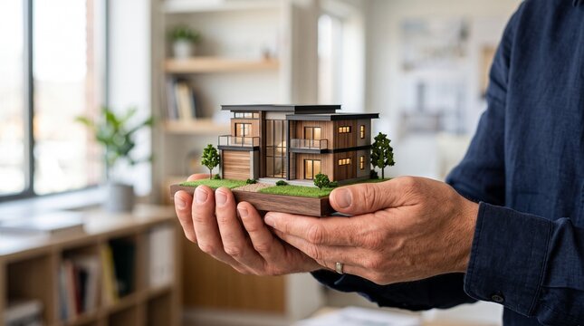 Architect Holding Detailed Modern Miniature House Model for Real Estate Development Presentation