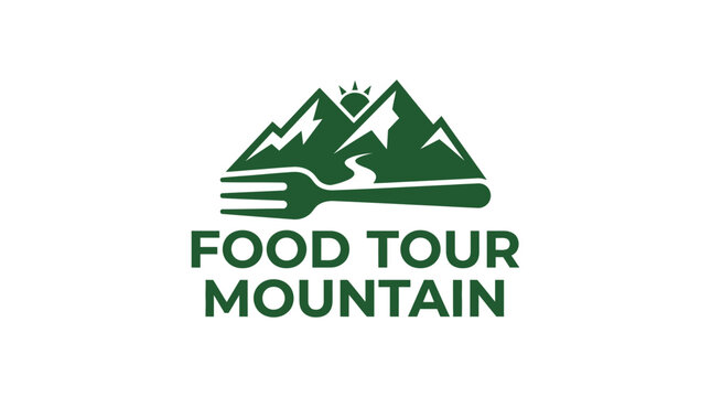 Food tour mountain logo with fork path and peaks.