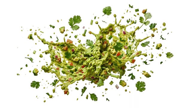 Dynamic splash of authentic mexican guacamole with fresh avocado chunks and cilantro on white background
