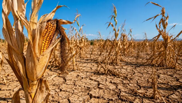 Dried corn stalk in cracked earth under bright sun, representing drought and climate change impacts on agriculture