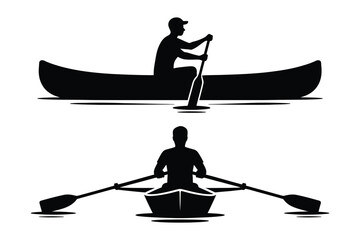 Black silhouette set of people canoeing and rowing boats with paddling, silhouette © Laboni