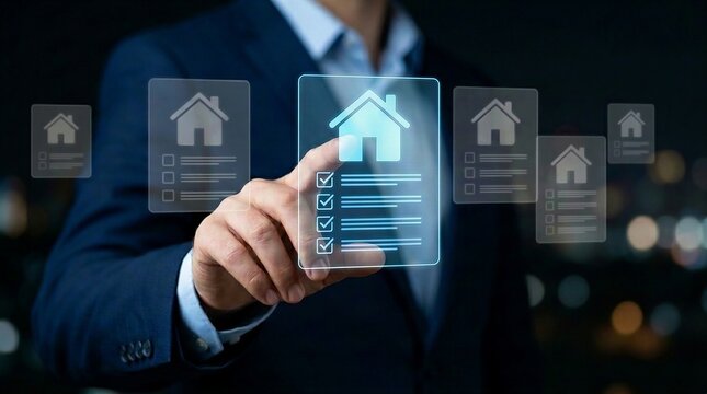 Digital property evaluation and real estate selection process. Professional interacting with a virtual housing checklist, online property management technology, and digital real estate assessment auto