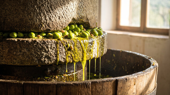 A traditional heavy stone mill actively crushing fresh green olives as golden extra virgin olive oil drips beautifully into a rustic wooden barrel under natural sunlight.