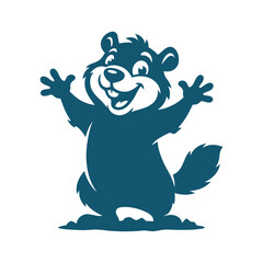 Cheerful cartoon beaver character with arms raised high.