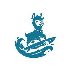 Happy llama surfing on a blue ocean wave. © Dion