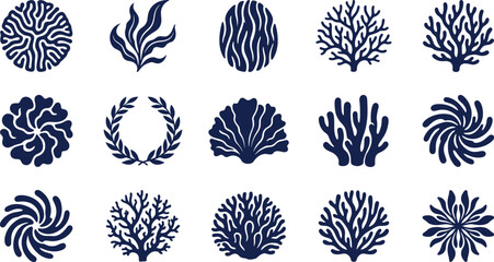 Collection of fifteen dark blue coral reef and seaweed silhouettes isolated on a white background, representing various marine life shapes and aquatic plant © MD