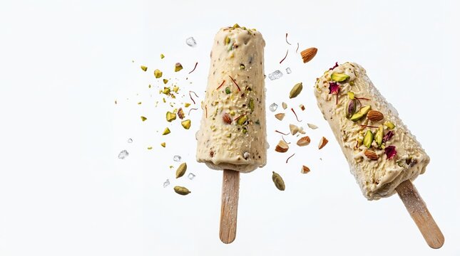 Traditional Indian Kulfi Ice Cream Popsicles with Saffron, Pistachios, and Almonds Isolated on White Background