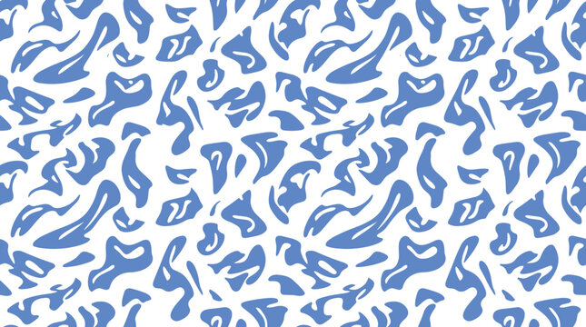 Seamless pattern with abstract organic blue shapes on a white background, featuring irregular blob-like forms in a repeating wallpaper style