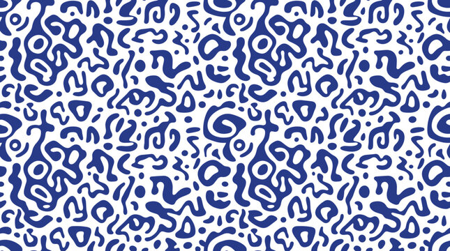 Seamless pattern with blue organic amoeba shapes and dots on a white background