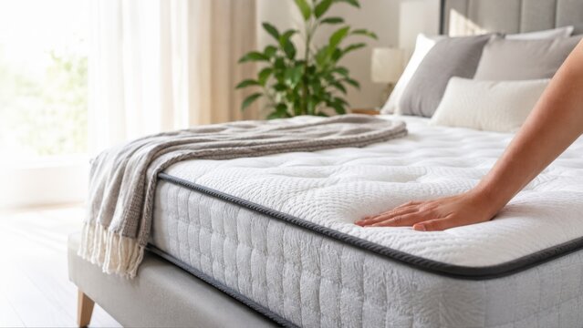 A close-up of a woman's hand testing the softness and comfort of a new mattress featuring a relief pattern and a textured surface.