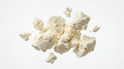 Obraz premium Premium natural white curd cheese pieces floating in air isolated on white for healthy dairy design