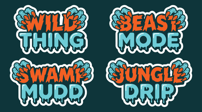 Set of four monster themed stickers with blue claws and orange dripping text on dark background