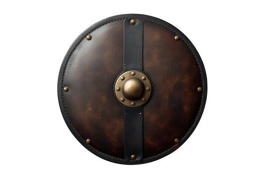Medieval shield displaying authenticity and strength, ready for battle. Crafted with aged leather, wood, and metal accents, on transparent background