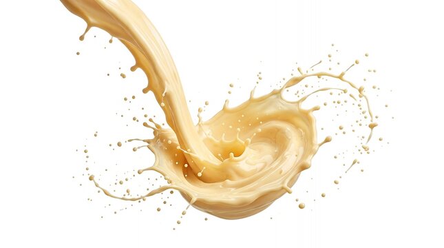 Dynamic splash of creamy beige liquid or latte on white background with droplets for food beverage design