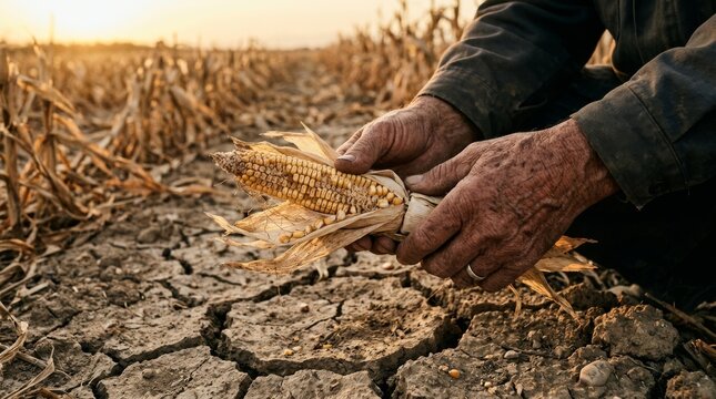 Farmer's hands holding an ear of corn over dry, cracked earth, symbolizing drought, agriculture challenges, and climate change impact on crops