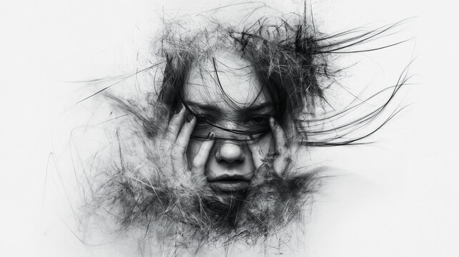 Dramatic Monochrome Portrait of Expressive Face with Wild Hair in High Contrast Lighting