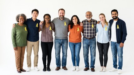 Obraz premium Diverse group of people wearing yellow ribbons for awareness and support