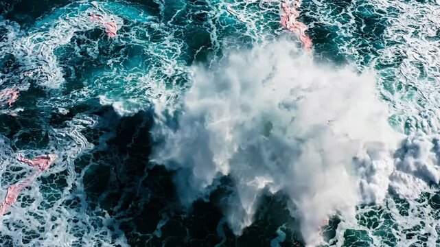 Aerial view of powerful ocean waves crashing with vibrant blue water and sea foam texture drone
