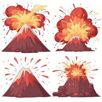 Set of cartoon erupting volcano illustrations on white background. Collection of mountain disaster elements for pc and mobile game design. Natural geological event for science education.