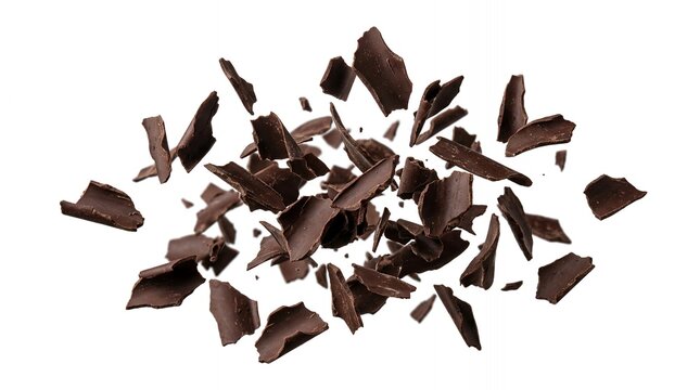Crushed dark chocolate pieces and shavings flying in the air isolated on white background for food advertisement.