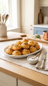 Bright and clean food photography of French goug&egrave;res on white stoneware platter