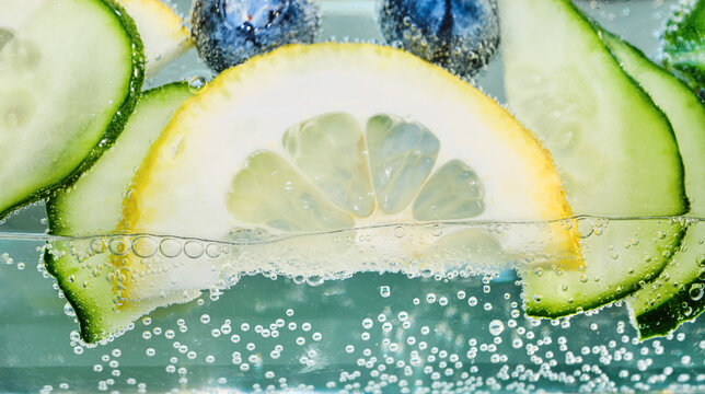 Lemon, cucumber and blueberries infusing in sparkling carbonated water with many bubbles
