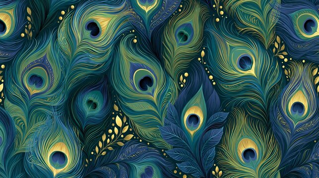 Peacock feathers create a repeating pattern on a dark background. This modern design works for banners, gift wrap, and clothing prints.
