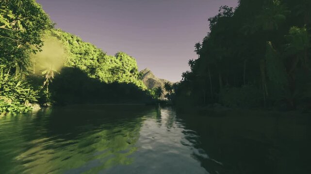 twilight rainforest mirror with glassy river surface and distant glow, steep vegetated banks, subtle color gradient in sky, peaceful twilight silence