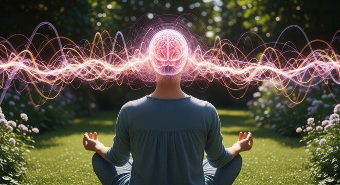 Person meditating with glowing energy aura in garden