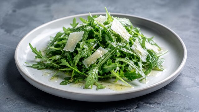 Elegant arugula salad with parmesan on a minimal plate