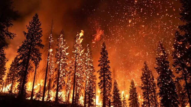 Intense forest fire raging at night with glowing embers and burning pine trees, cinematic wildfire disaster scene for environmental documentary