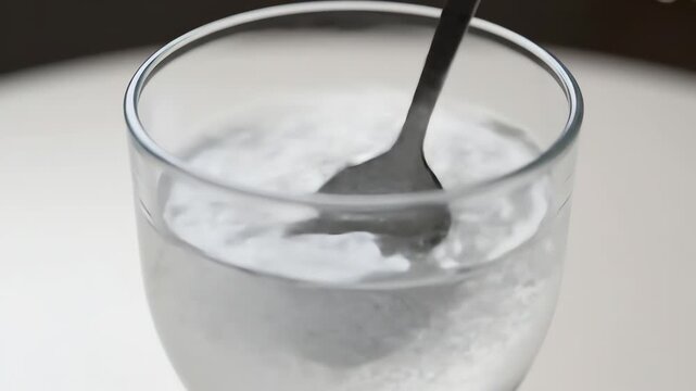 Effervescent liquid being stirred in clear glass with metal spoon, finger barely visible