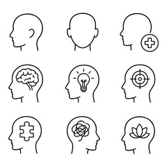 Head icon set. Set of minimalist line icons on a white background