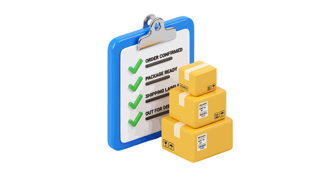 Vector illustration of 3d rendering of a clipboard with order status checklist and stacked boxes on a transparent background