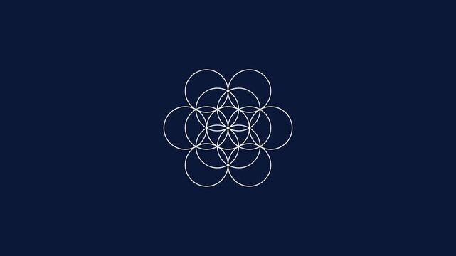 Animated sacred geometry flower of life pattern on dark blue animation 4k background, spiritual meditation