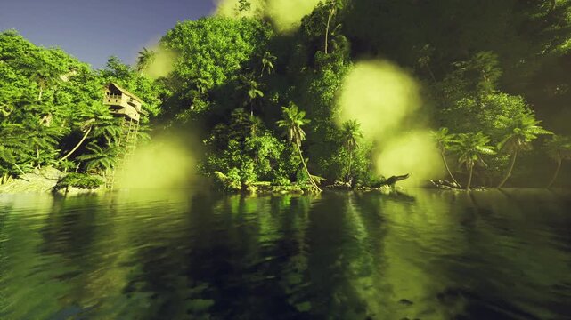 dappled light tropical creek with ripples and bright bokeh spots, sunlight filtering through dense leaves onto reflective water, dynamic shadow patterns