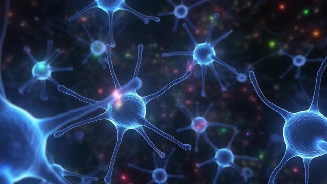 Neural network animation with electric pulses flowing through glowing blue synapses in dark cosmic background