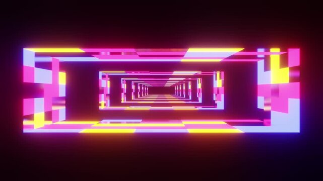 Purple yellow and pink neon cube room tunnel VJ loop animation