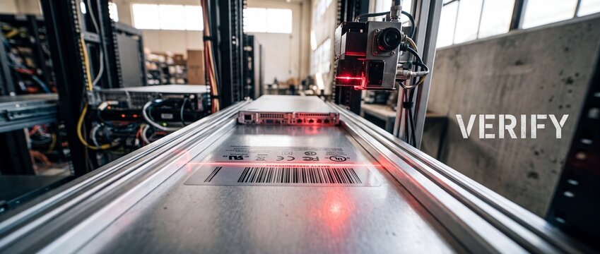 Industrial barcode laser scanner scanning hardware on factory conveyor belt with red light sensor for automated quality control production line checking and server manufacturing verification system.