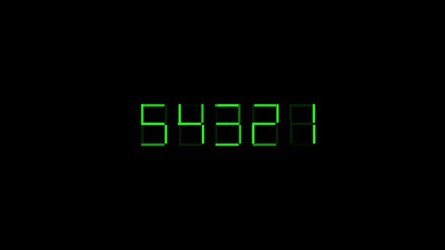 Green digital countdown timer display with three two one sequence for cinematic intro and broadcast transitions animation 4k