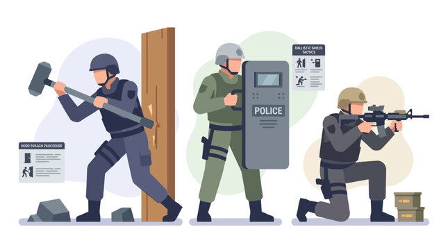 SWAT Team Officers in Action: Breach, Shield, and Aiming