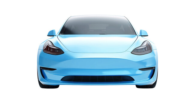 Blue electric sedan front view for automotive marketing.

