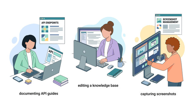 Diverse team documenting API guides, editing knowledge base, capturing screenshots