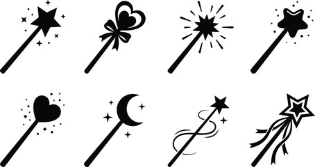 Set of eight magic wand with stars, hearts, and moon symbols on a white background © MD
