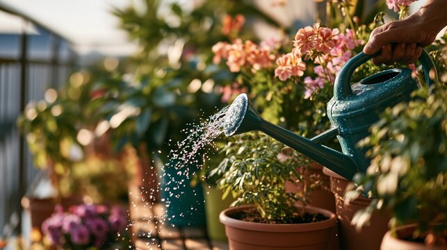 Gardener Waters Potted Plants on a Sunny Balcony During a Heatwave in an Urban Area