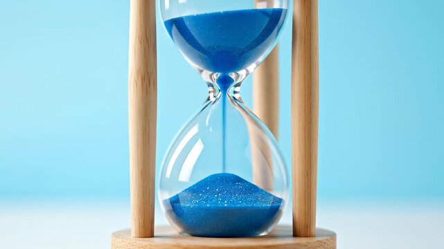 Blue sand hourglass timer. Deadline countdown. Time management and productivity concept.