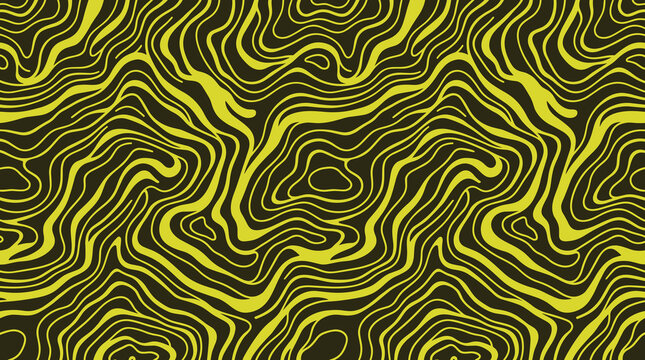 Abstract seamless pattern with wavy yellow lines on a dark brown background, resembling wood grain