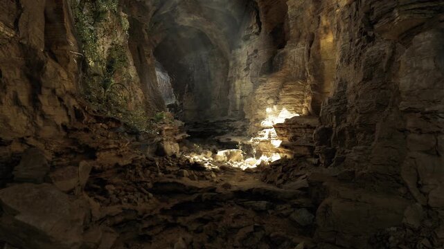 Sunlit passage opening onto rocky floor with scattered boulders and warm beams, sense of breakthrough and discovery for adventure travel and immersive cave